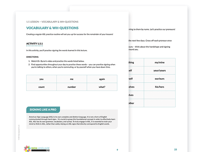 ASL workbook interior pages with vocabulary lists