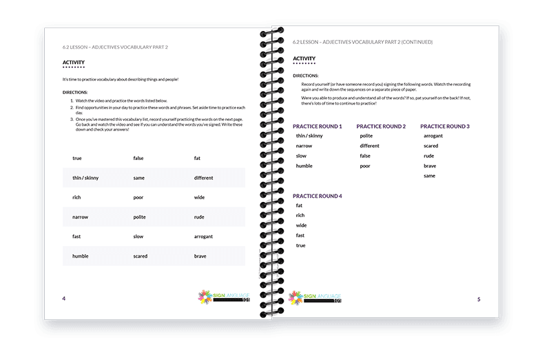 Interior of Elevating your Signing Skills Course Workbook